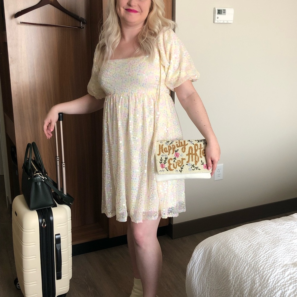 White sequin dress puff sleeve